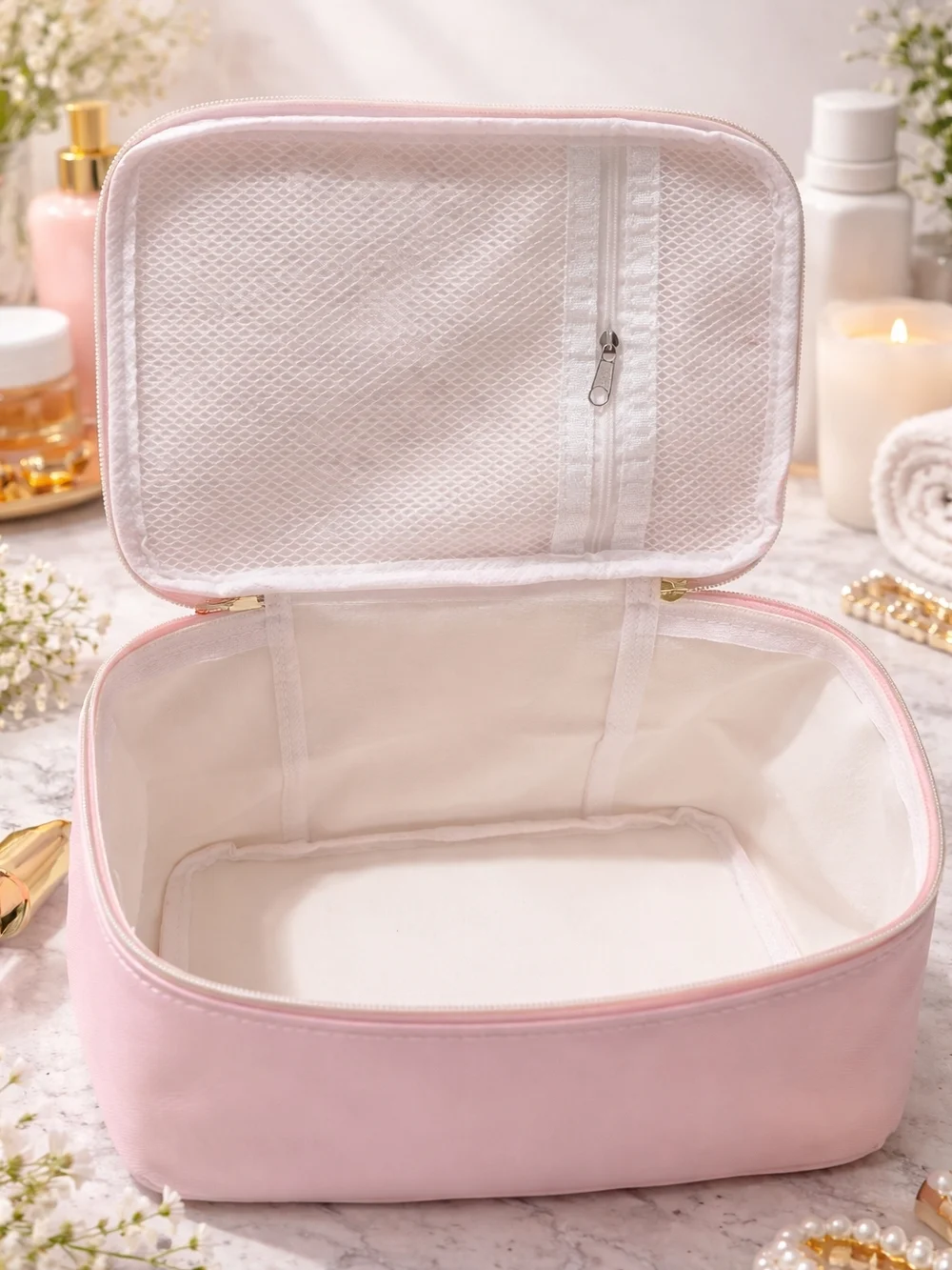 Portable Pink Cosmetic Makeup Bag with Handle - Picture 2 of 2